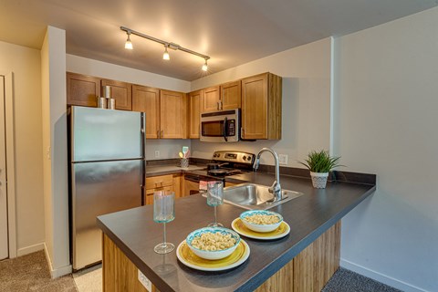 Spacious Kitchen and Living room in East Lansing Apartments near Michigan State University | West Village
