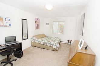 a bedroom with a bed and a desk and a tv