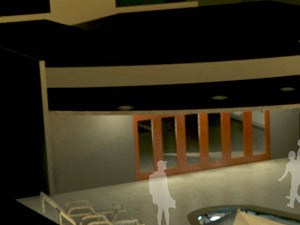 A 3D rendered image of a rooftop patio with tables and chairs.