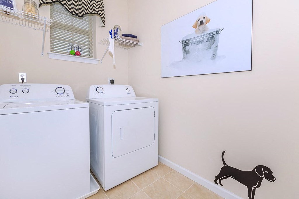a washer and dryer in a laundry room with a dog on the wall