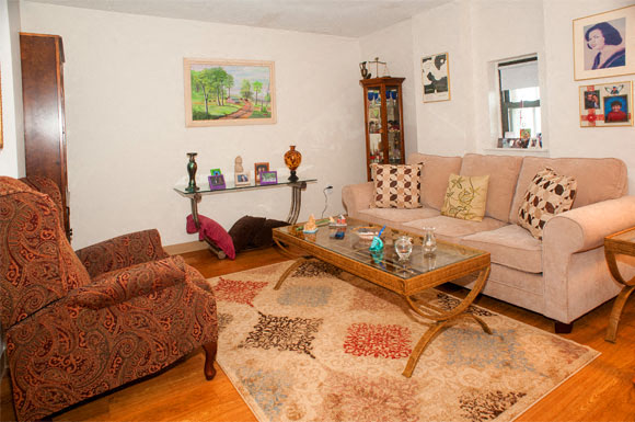 a living room with a couch and a coffee table