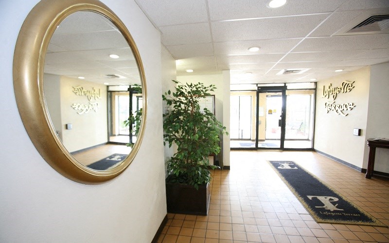 A hallway with a mirror on the wall and a plant in a planter.