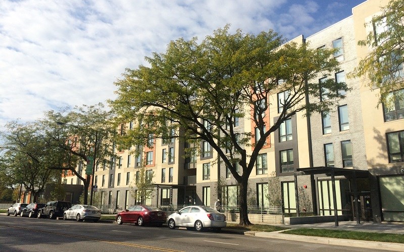 A row of cars are parked on a street in front of a building.