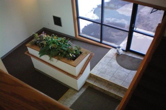 a living room with a window and plants in it