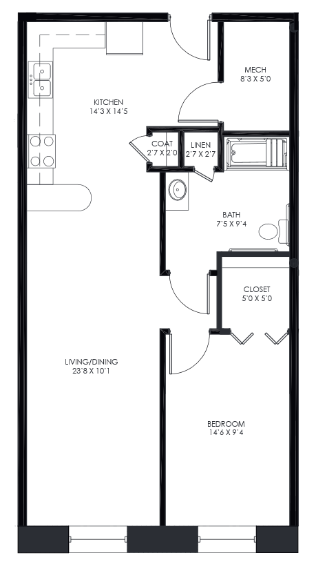 This is a sample one bedroom floor plan in Call Terminal.  Schedule a tour to see what's available now.