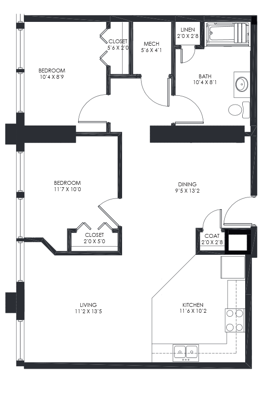 This is a sample two bedroom floor plan in Call Terminal Apartments.  Schedule a tour to see what's available now.