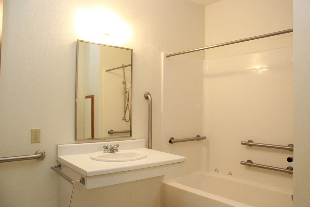a bathroom with a sink and a tub and a mirror