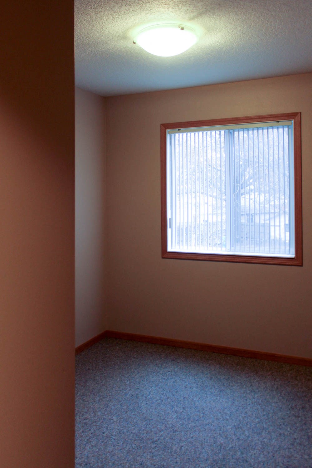 an empty room with a window and carpet