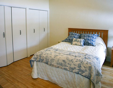 a bedroom with a bed and a closet