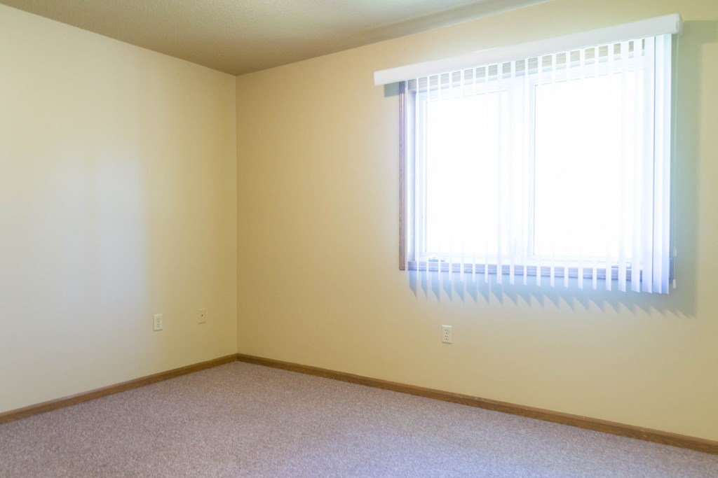 a room with a window and a carpet
