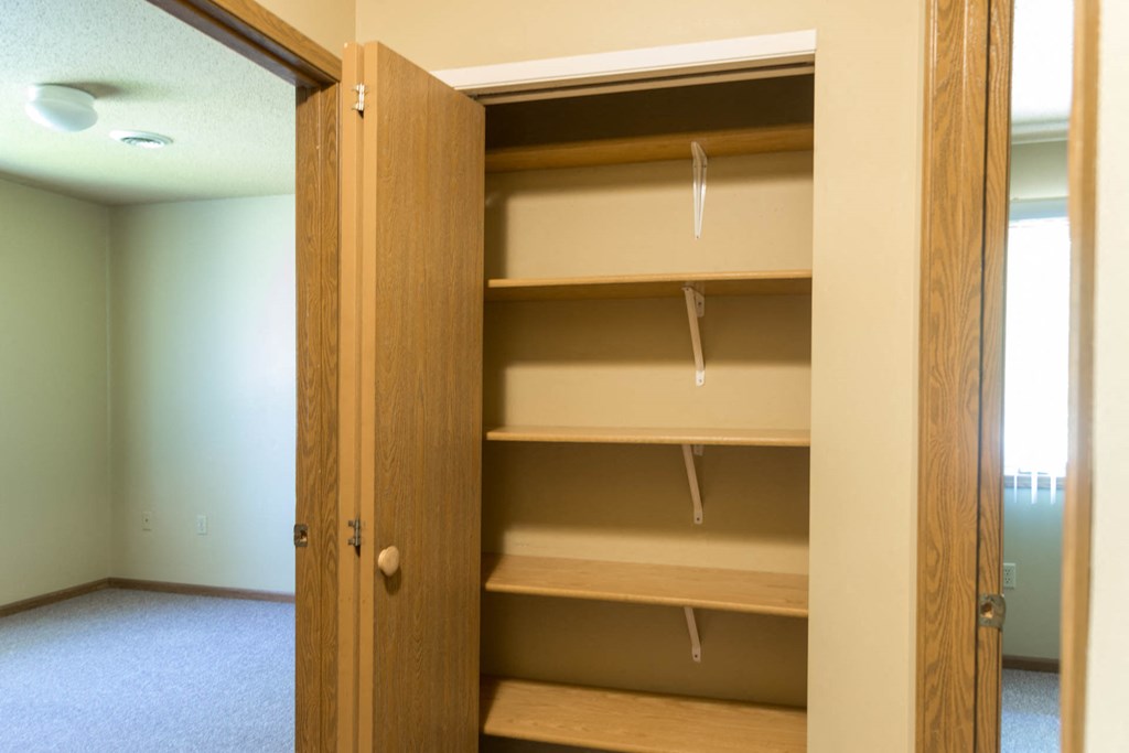 a closet with empty shelves in a empty room