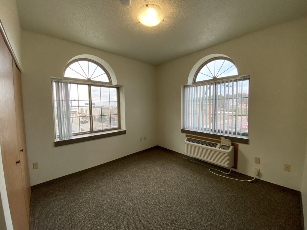 an empty living room with two windows and a heater