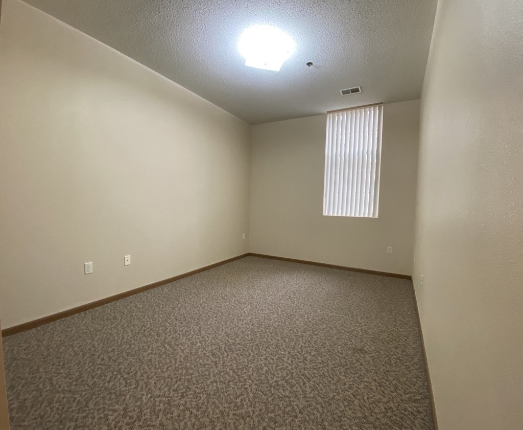 an empty room with carpet and a window