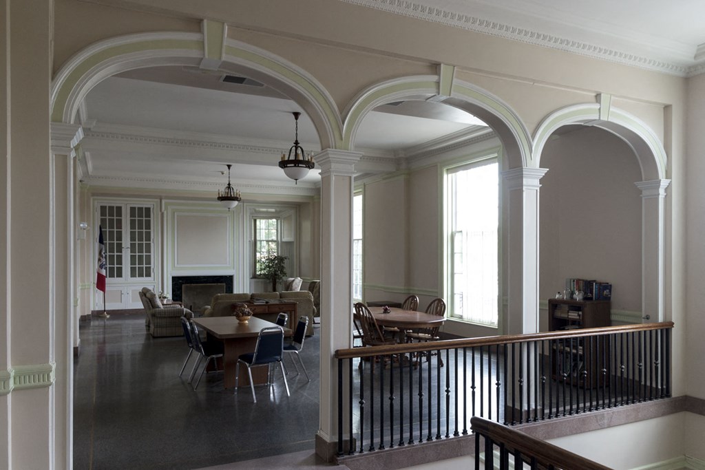 a view of the dining room and living room from the second floor