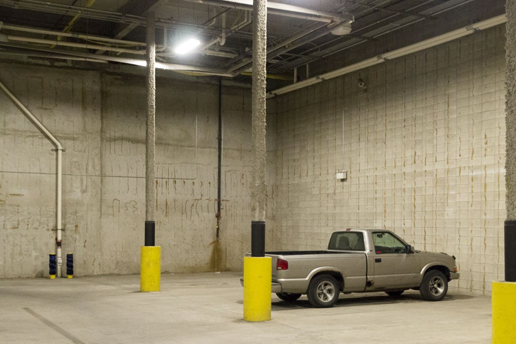 a truck parked in a parking garage