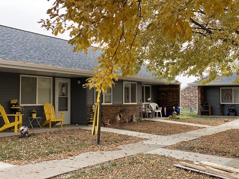 a yard in front of a house with yellow chairs
