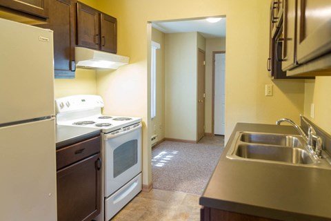 a kitchen with a stove and a sink and a refrigerator