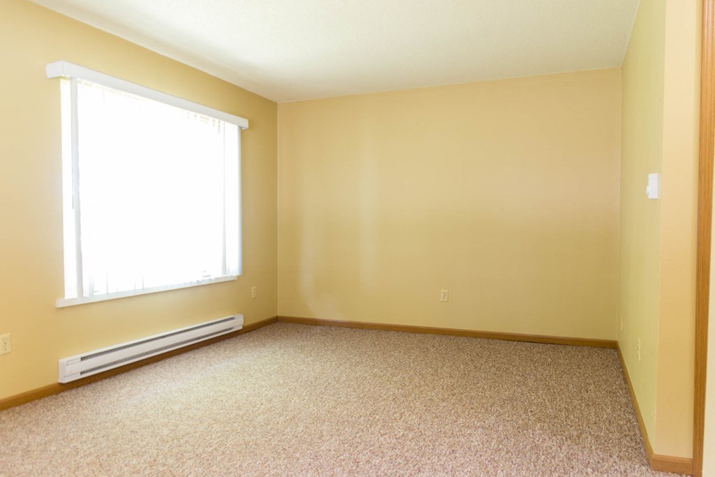 an empty room with a window and carpet