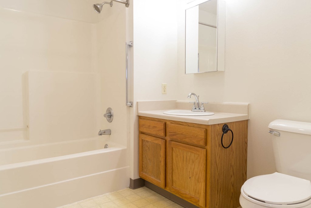 a bathroom with a sink toilet and bath tub