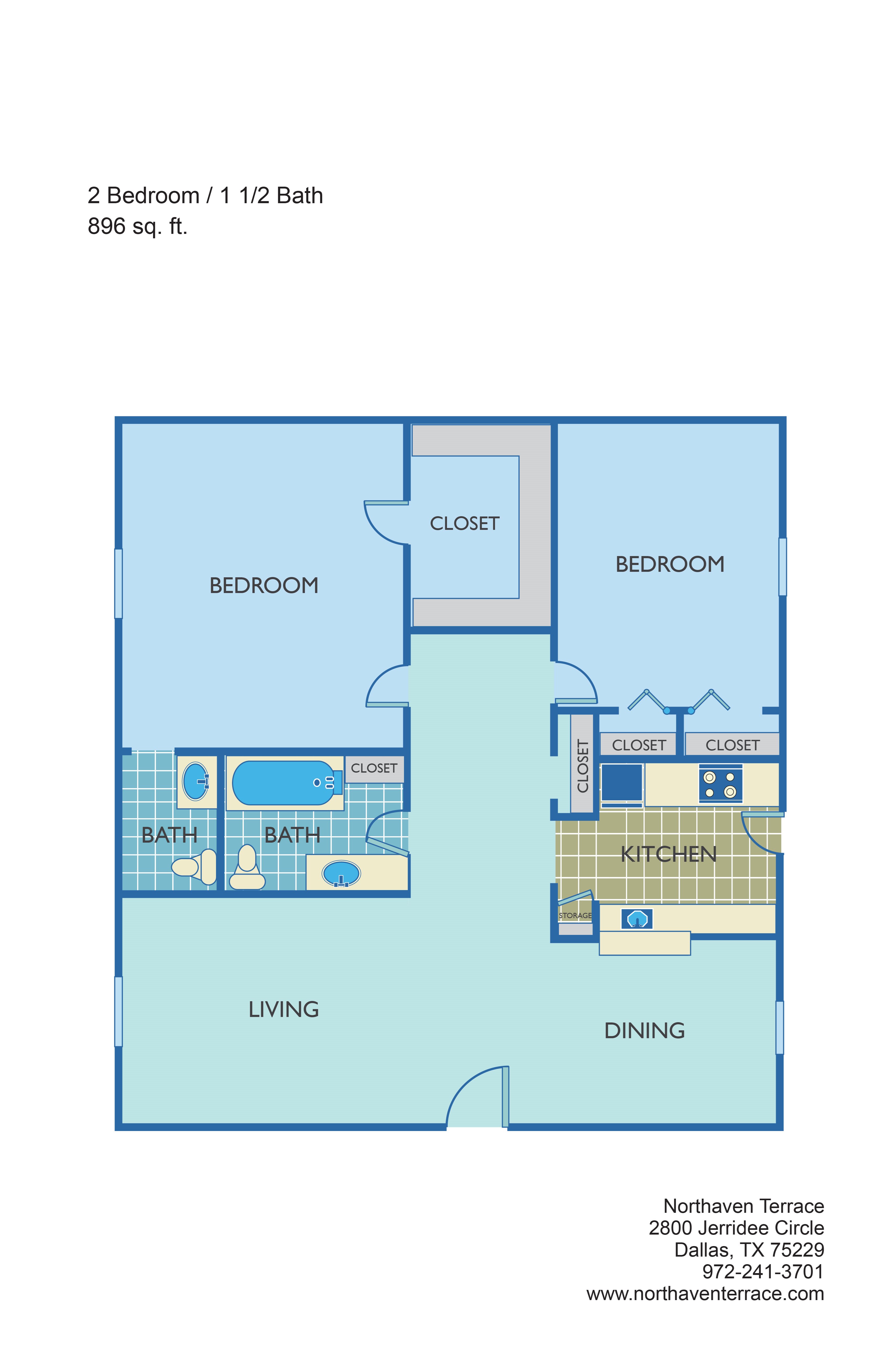 2 Bedroom + 1.5 Bath Floor Plan 2
