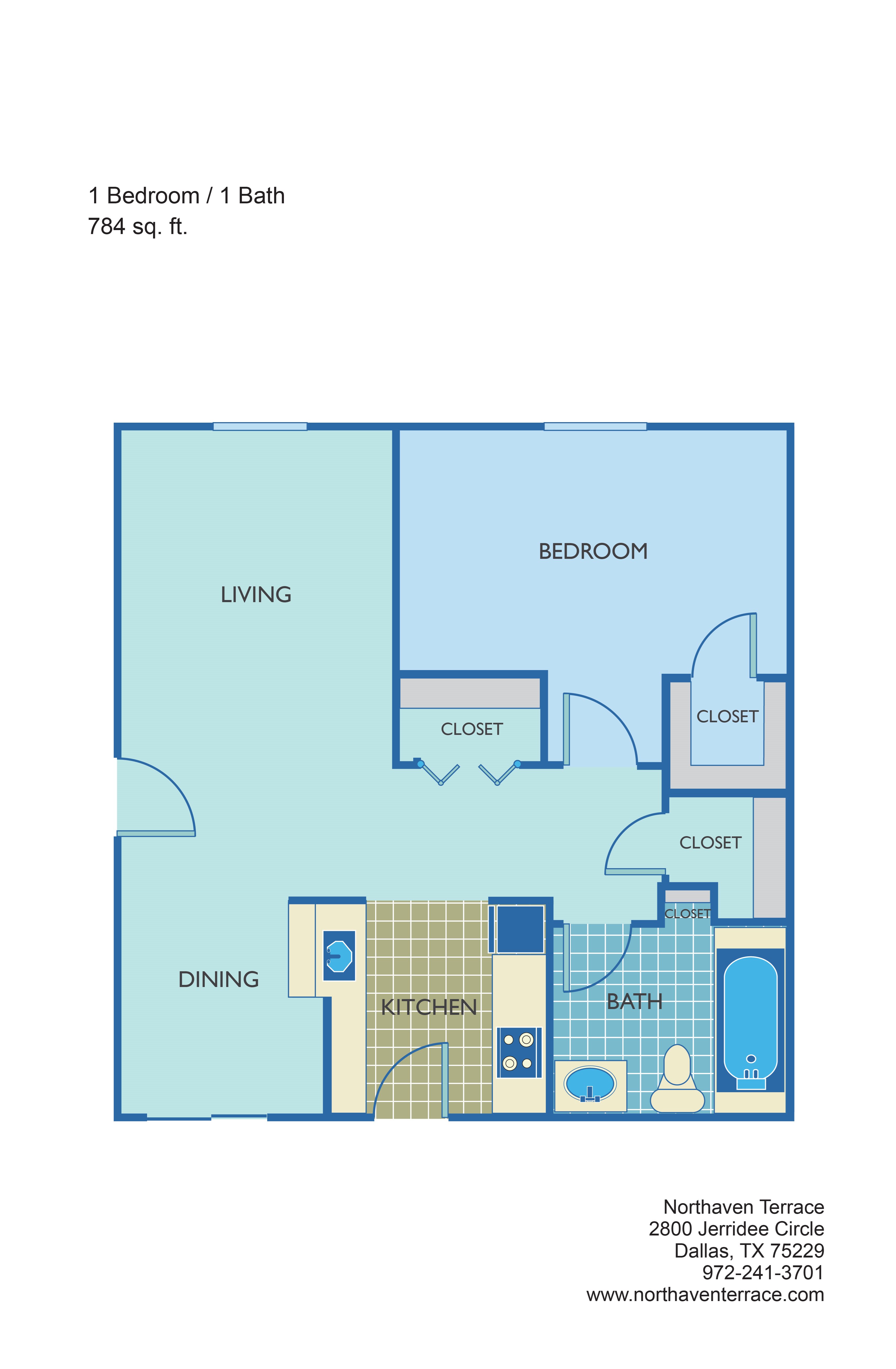 1 Bedroom + 1 Bath Floor Plan 1
