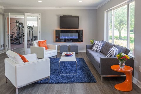 a living room with a couch and a table and a television