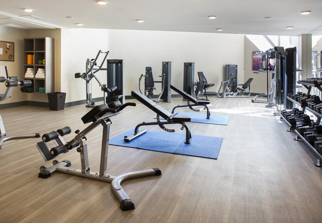 a fitness room filled with exercise bikes and weights