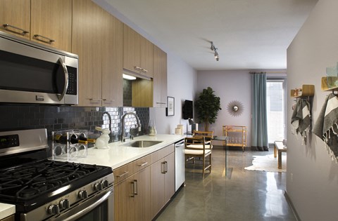 a kitchen and living room with a stove and a sink