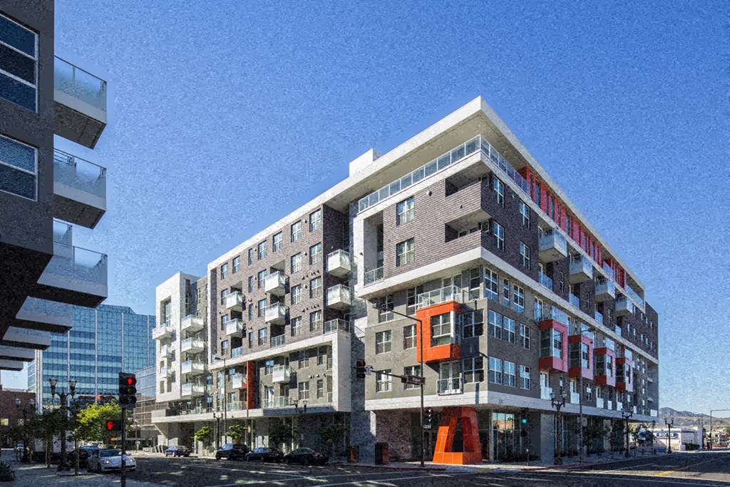 a rendering of an apartment building on a city street