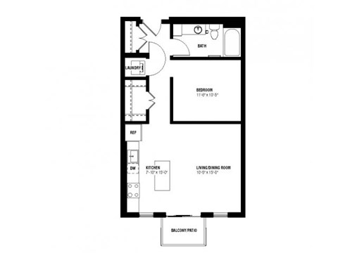 Divine Alcove Floor Plan (0 beds, 1 baths, 633 sq.ft, rent $1,419-$1,530/month)