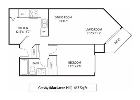 1 Bedroom 1 Bathroom 663 Sq. Ft. | Gatsby Floor Plan at MacLaren Hill Apartments in St. Paul, MN