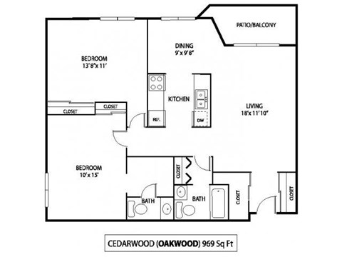 2 Bedroom 1.5 Bath 969 Sq. Ft. | Cedarwood Floor Plan at Oakwood Apartments in Plymouth, MN