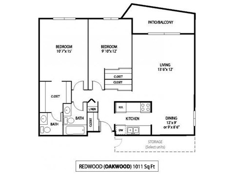 2 Bedroom 1.5 Bath 1,011 Sq. Ft. | Redwood Floor Plan at Oakwood Apartments in Plymouth, MN