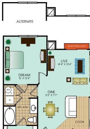 1 bedroom apartments in Richardson Texas 1 bedroom 1 bath apartment with dining area, optional juliette balcony and 758 square feet