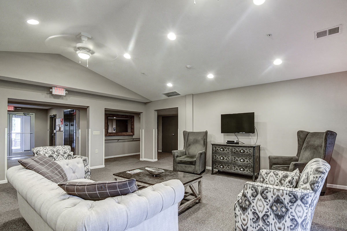 a living room with couches and chairs and a television