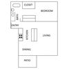 1 Bedroom 1 bathroom 1 bedroom and 1 bathroom apartment is 800 square feet. 1 bedroom with a closet and a bathroom. A kitchen with a living and dining area and a patio.