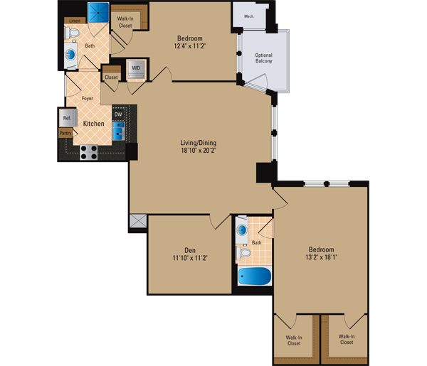 2 Bedroom Den 2 Bath BD9 Floor Plan 13