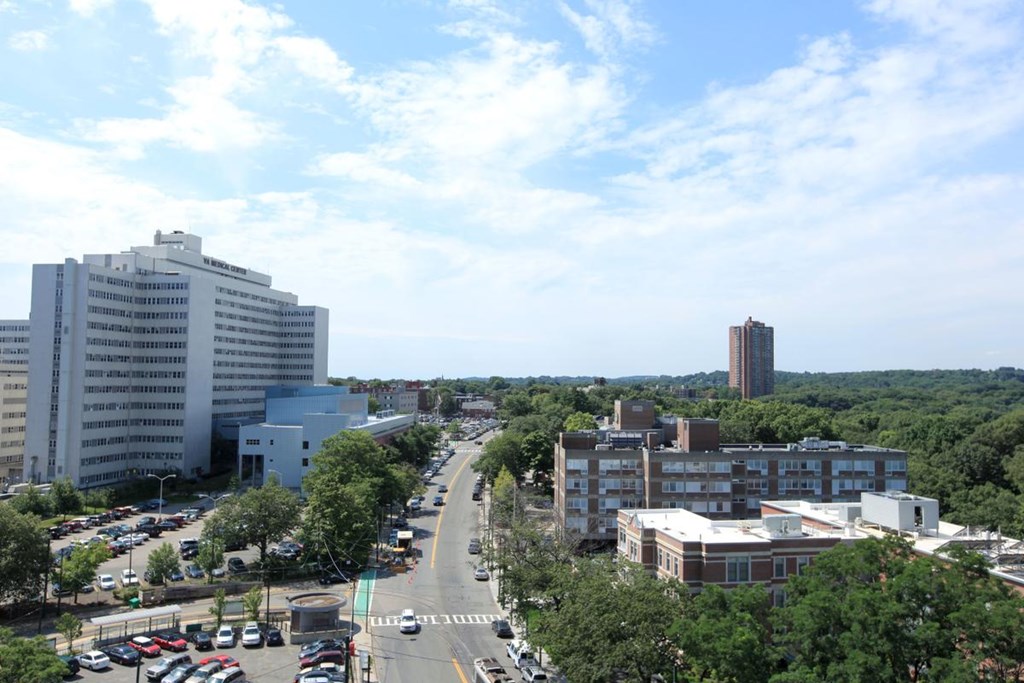 a view of the city from the roof of a building