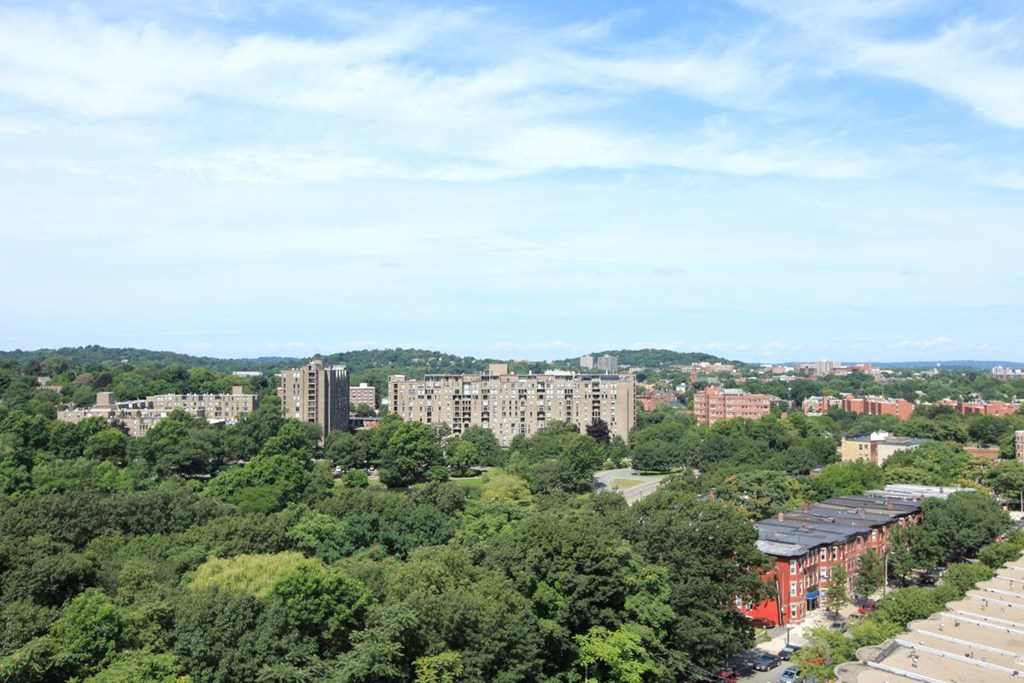 the view of the city from the roof of a building