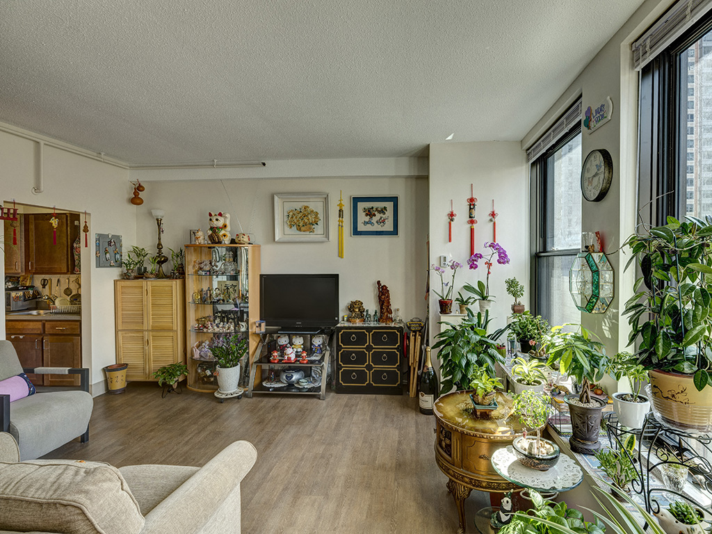a living room filled with plants and furniture and a television