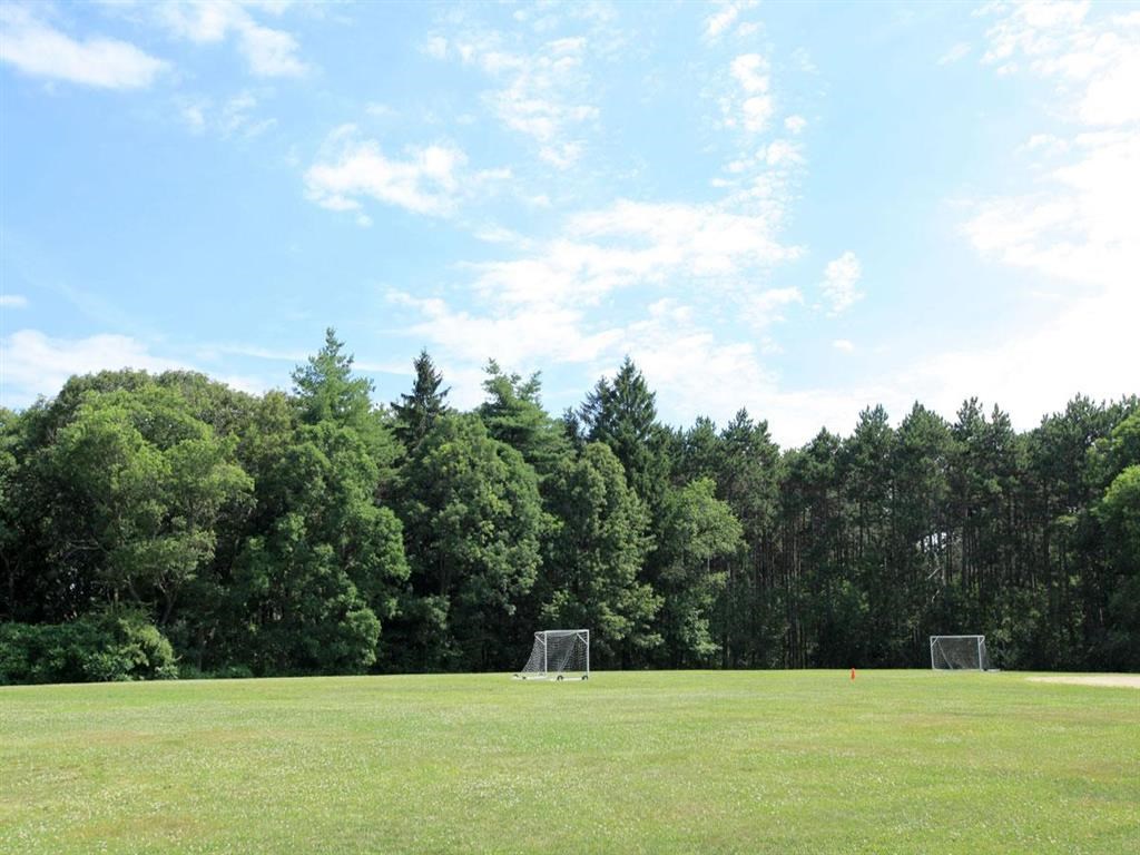two soccer goals in the middle of a field