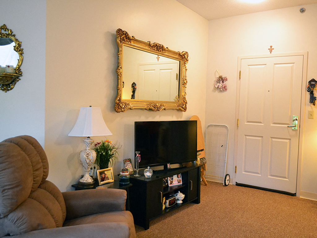 a living room with a couch and a television