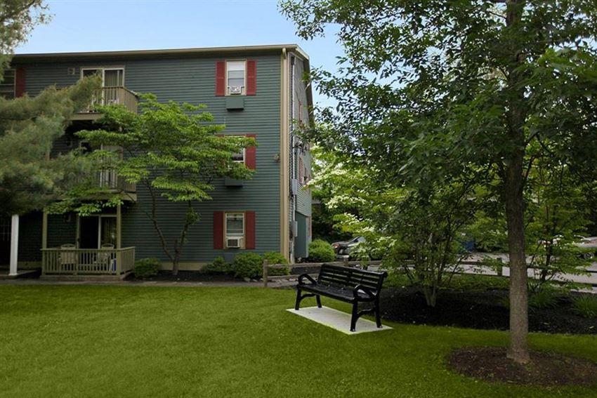 a bench sitting in the grass in front of a house
