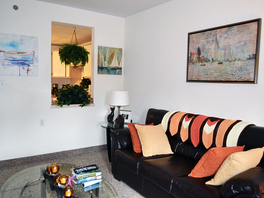 a living room with a couch and a coffee table