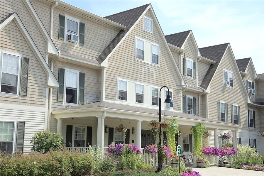 a row of houses with flowers in front of them