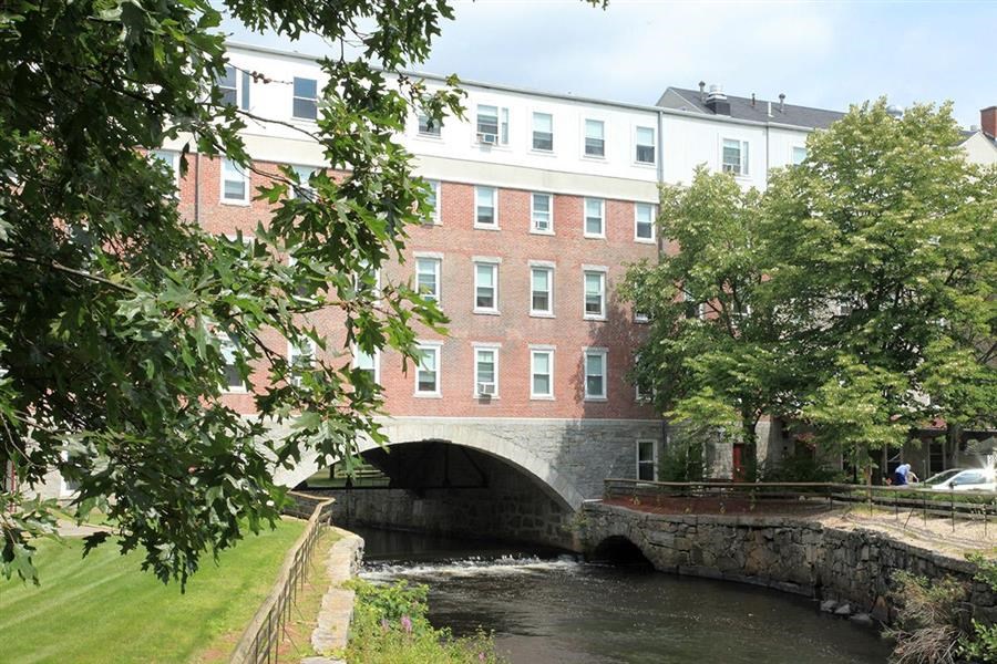 a bridge over a river in front of a building