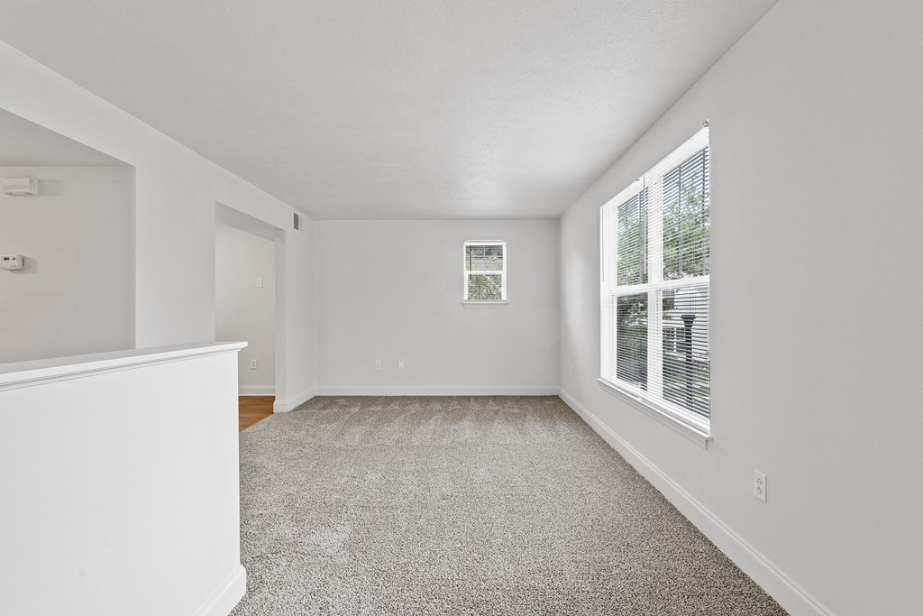 a bedroom with a large window and a carpeted floor