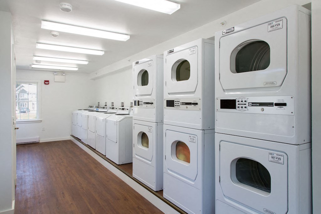 a row of washers and dryers in a laundry room