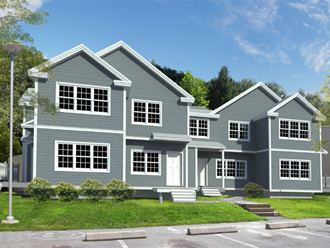 a 3d rendering of a gray house with white windows