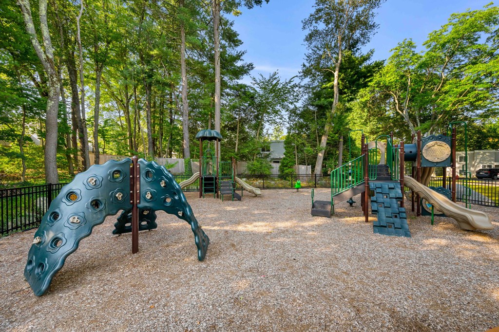 a playground with slides and trees in a park